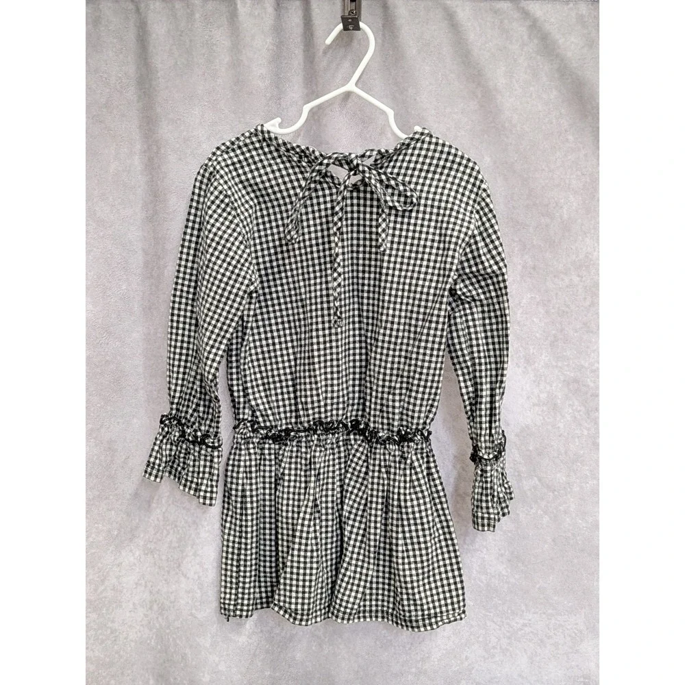I. Line Girls‎ Gingham Check Ruffle Waist Long Sleeve Dress Black White Size 11